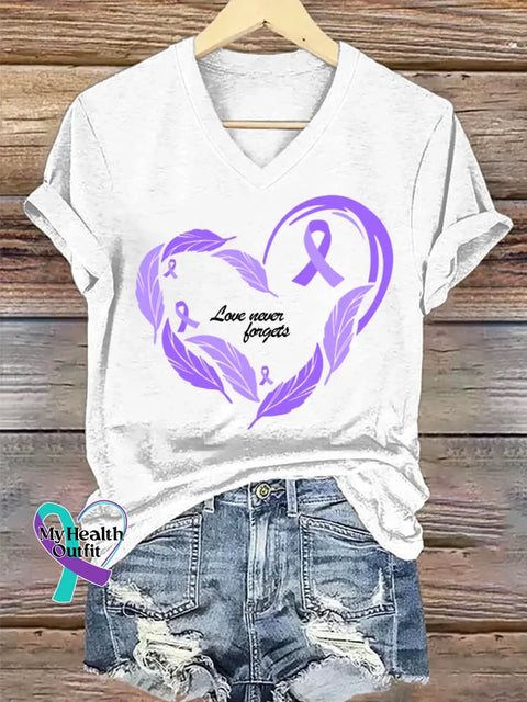 Women’s Purple Alzheimer Awareness Art V-neck Casual T-Shirt White / S
