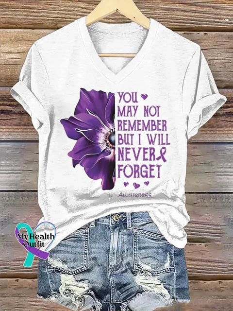 Women’s Purple Alzheimer Awareness Art V-neck Casual T-Shirt White / S