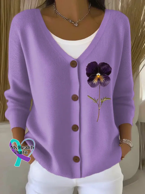 Women’s Purple Alzheimer Awareness Print Art Buttoned V-neck Cardigan Sweater Purple / 4XL