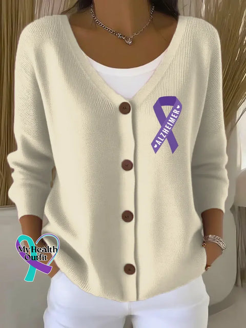 Women’s Purple Alzheimer Awareness Print Art Buttoned V-neck Cardigan Sweater Apricot / 4XL