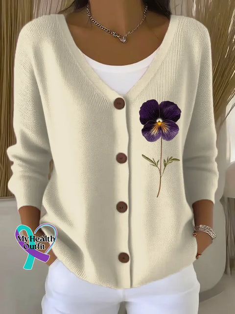 Women’s Purple Alzheimer Awareness Print Art Buttoned V-neck Cardigan Sweater Apricot / 4XL