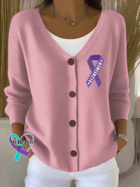 Women’s Purple Alzheimer Awareness Print Art Buttoned V-neck Cardigan Sweater Pink / 4XL