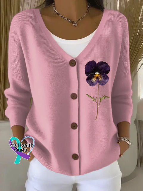 Women’s Purple Alzheimer Awareness Print Art Buttoned V-neck Cardigan Sweater Pink / 4XL