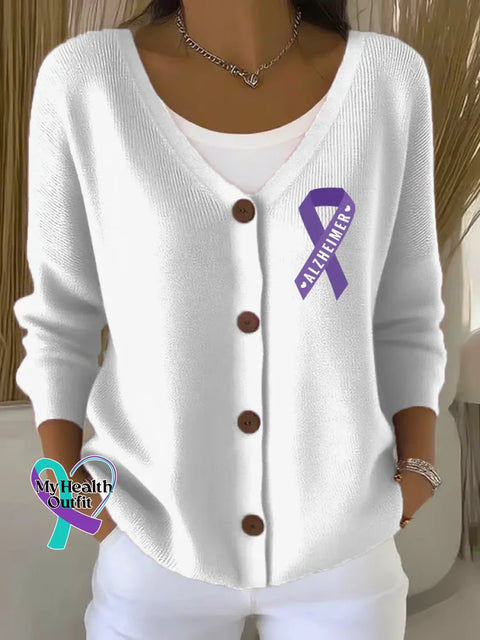 Women’s Purple Alzheimer Awareness Print Art Buttoned V-neck Cardigan Sweater White / 4XL