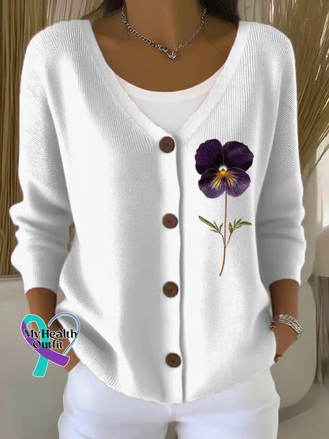 Women’s Purple Alzheimer Awareness Print Art Buttoned V-neck Cardigan Sweater White / 4XL
