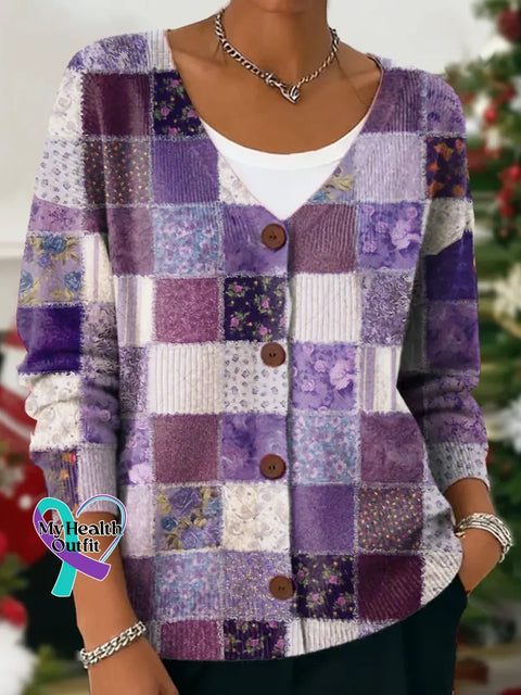Women’s Purple Art Alzheimer Awareness Buttoned V-neck Cardigan Sweater Purple / S