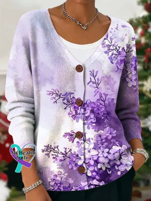 Women’s Purple Art Alzheimer Awareness Buttoned V-neck Cardigan Sweater Purple / S