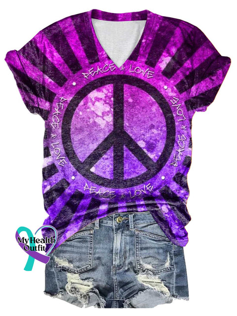 Women’s Purple Peace Sign Love and Peace V-neck Casual T-Shirt Multicolor / S