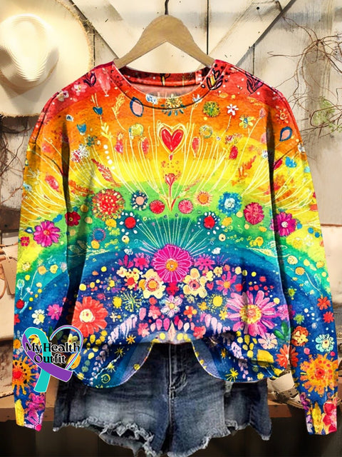 Women’s Rainbow Floral Patterns Print Casual Sweatshirt Multicolor / S