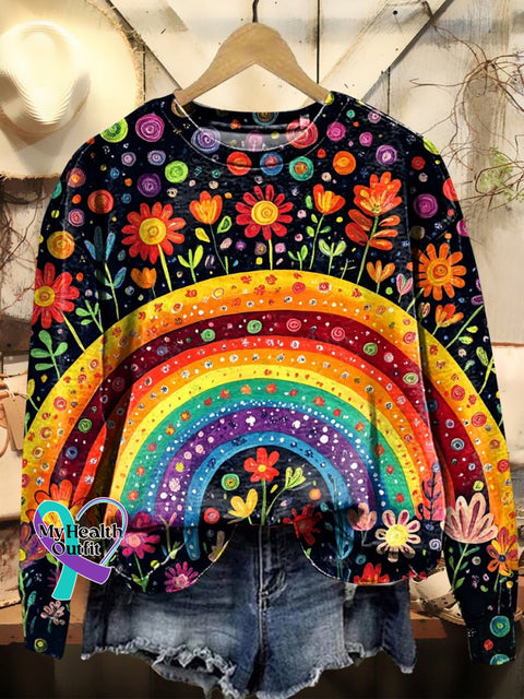 Women’s Rainbow Floral Print Casual Crew Neck Sweatshirt Multicolor / S