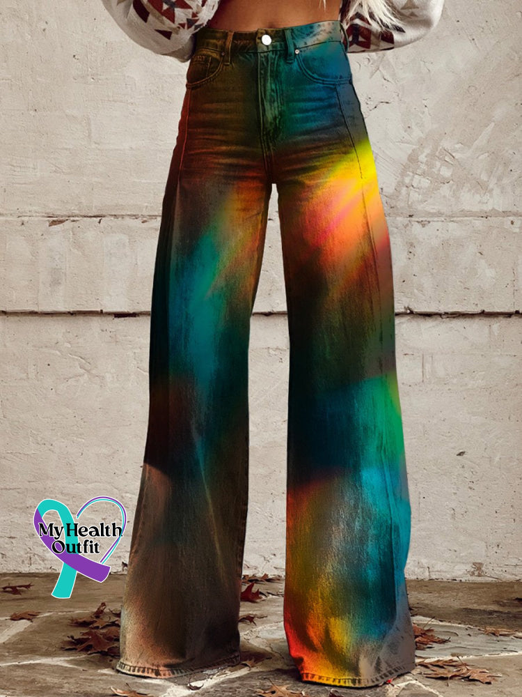 Women’s Rainbow Gradient Art Print Casual Wide Leg Pants Multicolor / Xs