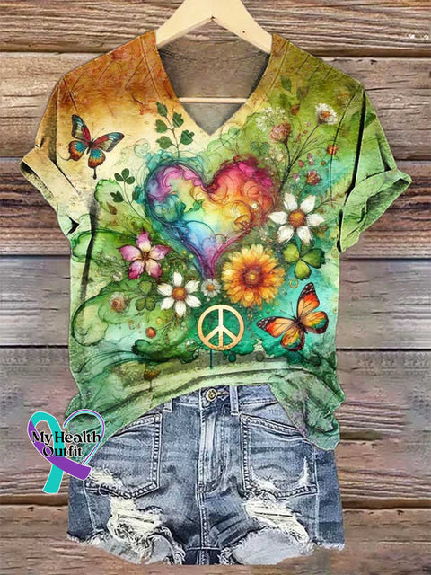 Women’s Rainbow Heart Peace Sign Floral V-neck Casual T-Shirt Multicolor / S