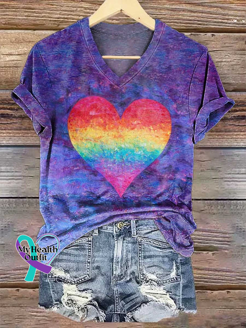 Women’s Rainbow Heart V-neck Casual T-Shirt Multicolor / S