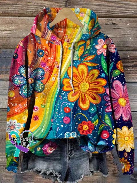 Women’s Rainbow Hippie Floral Print Casual Hoodie Sweatshirt Multicolor / S