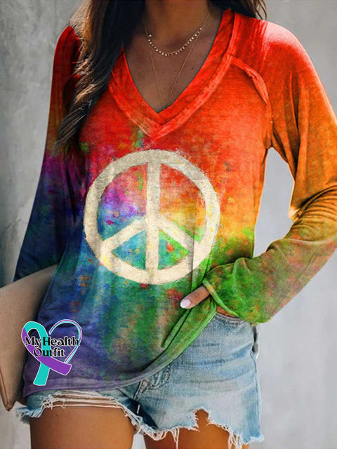 Women’s Rainbow Hippie Peace Sign Love and Peace Print V Neck Long Sleeve Tops Color / S