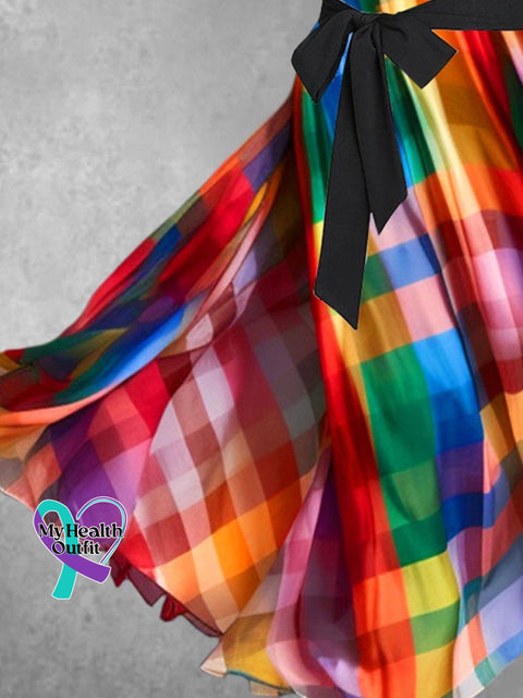 Women’s Rainbow Plaid Art Casual Two Piece Dress