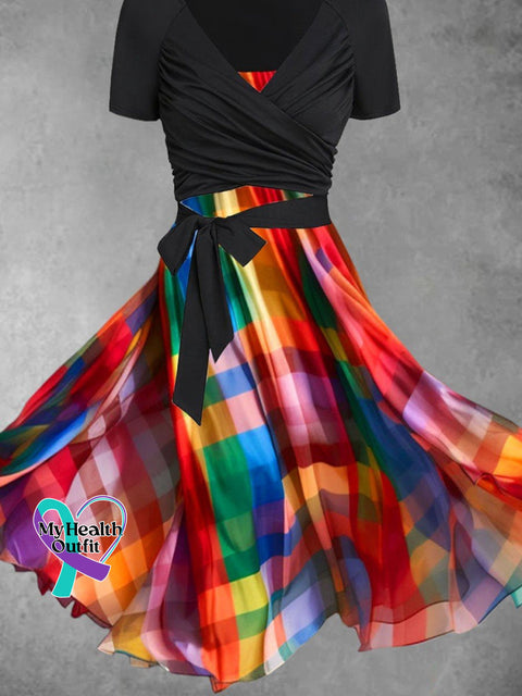 Women’s Rainbow Plaid Art Casual Two Piece Dress