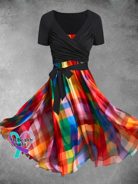 Women’s Rainbow Plaid Art Casual Two Piece Dress Color / S