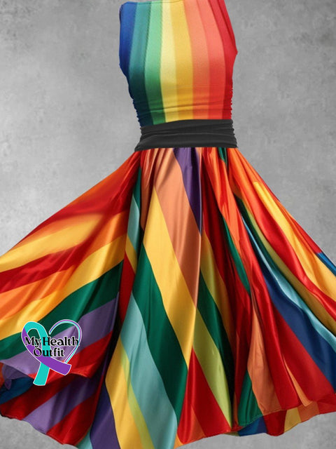 Women’s Rainbow Stripe Art Pocket Design Maxi Dress