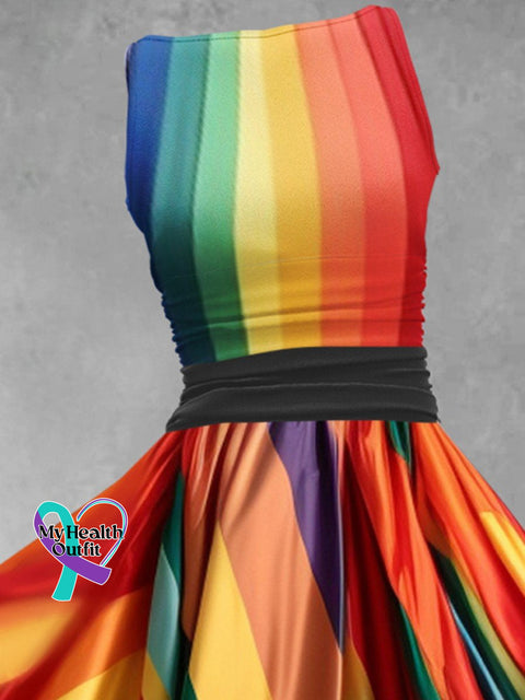 Women’s Rainbow Stripe Art Pocket Design Maxi Dress