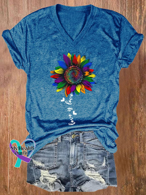 Women’s Rainbow Sunflower Love Is Lgbt Gay Lesbian Pride Print T-Shirt Blue / S