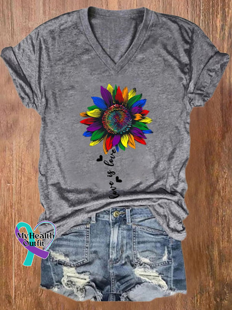 Women’s Rainbow Sunflower Love Is Lgbt Gay Lesbian Pride Print T-Shirt Grey / S