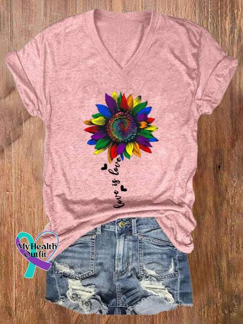 Women’s Rainbow Sunflower Love Is Lgbt Gay Lesbian Pride Print T-Shirt Pink / S