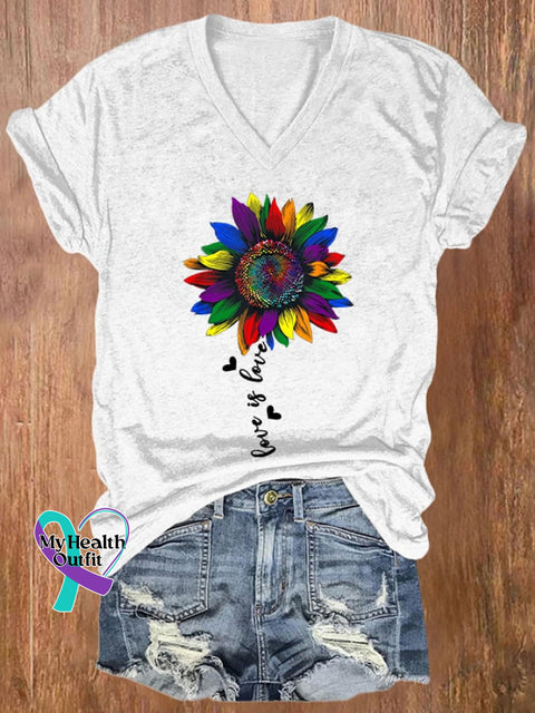 Women’s Rainbow Sunflower Love Is Lgbt Gay Lesbian Pride Print T-Shirt White / S