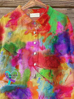 Women’s Rainbow Tie Dye Art Print Casual Cotton And Linen Shirt