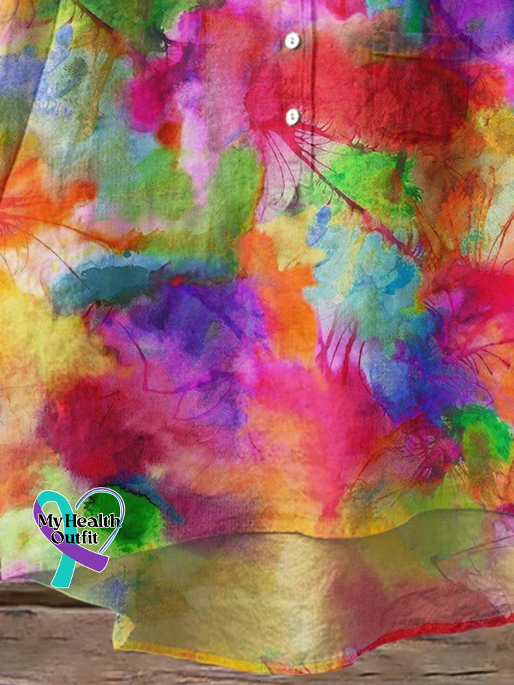Women’s Rainbow Tie Dye Art Print Casual Cotton And Linen Shirt