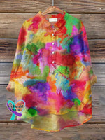 Women’s Rainbow Tie Dye Art Print Casual Cotton And Linen Shirt Multicolor / S