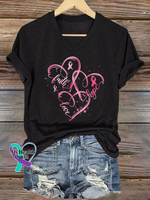 Women’s Reast Cancer Awareness FAITH HOPE LOVE V-neck Casual T-Shirt Black / S