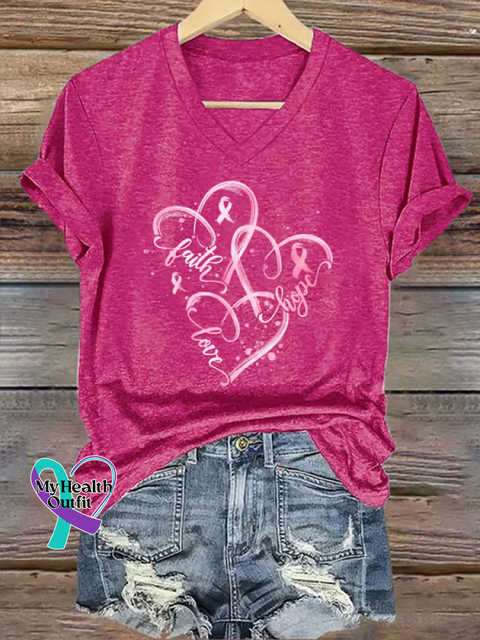 Women’s Reast Cancer Awareness FAITH HOPE LOVE V-neck Casual T-Shirt Pink / S