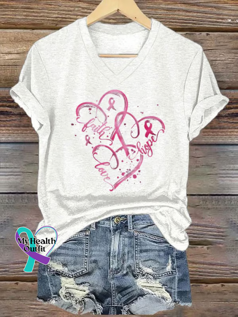 Women’s Reast Cancer Awareness FAITH HOPE LOVE V-neck Casual T-Shirt White / S