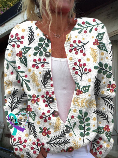 Women’s Red Fruit Botanical Art Print Button Cardigan Sweater Multicolor / S