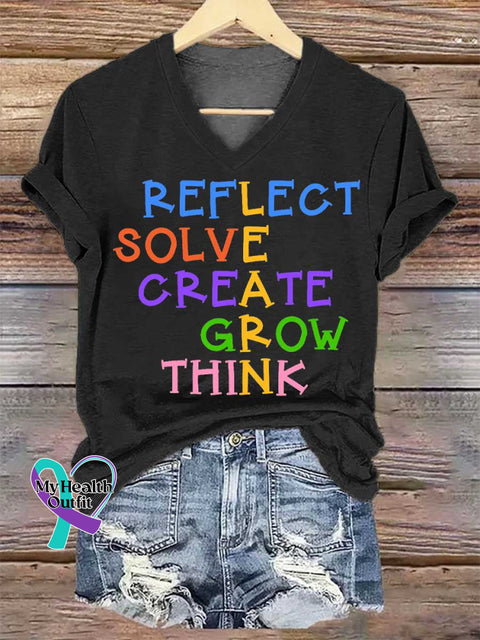 Women’s REFLECT SOLVE CREATE GROW THINK Print V-neck Casual T-Shirt Black / S
