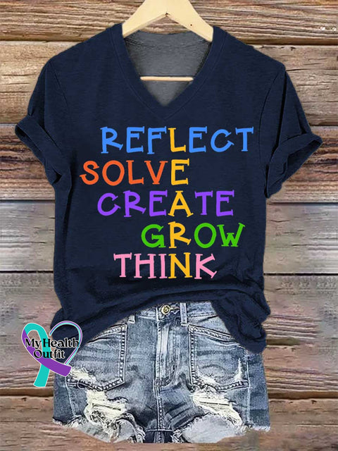 Women’s REFLECT SOLVE CREATE GROW THINK Print V-neck Casual T-Shirt Blue / S