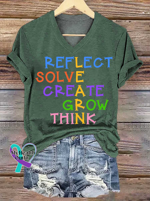 Women’s REFLECT SOLVE CREATE GROW THINK Print V-neck Casual T-Shirt Green / S