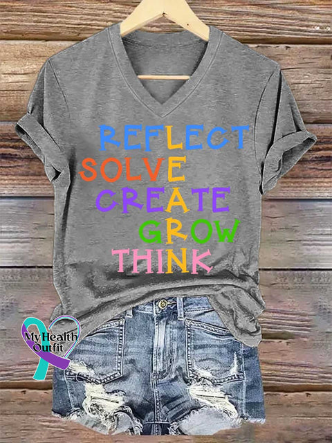 Women’s REFLECT SOLVE CREATE GROW THINK Print V-neck Casual T-Shirt Grey / S