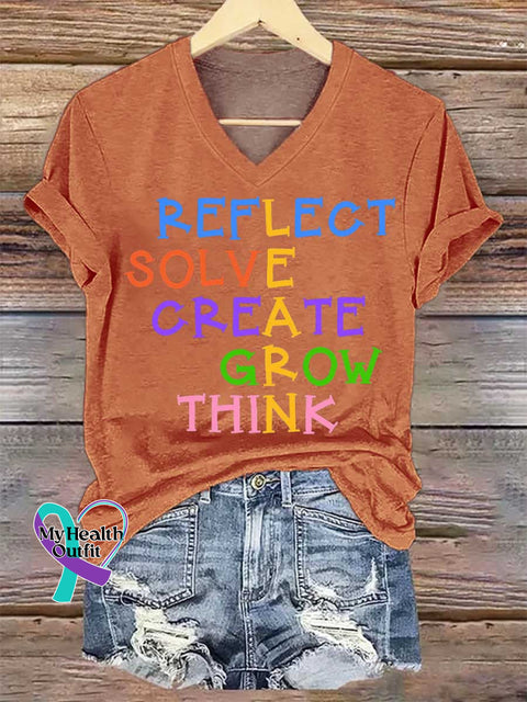 Women’s REFLECT SOLVE CREATE GROW THINK Print V-neck Casual T-Shirt Orange / S