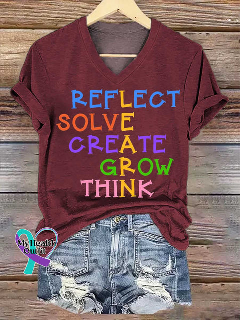 Women’s REFLECT SOLVE CREATE GROW THINK Print V-neck Casual T-Shirt Red / S