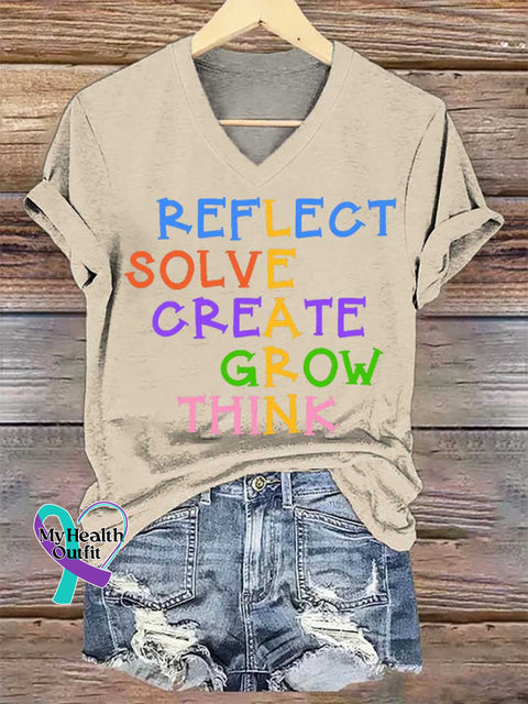 Women’s REFLECT SOLVE CREATE GROW THINK Print V-neck Casual T-Shirt Sand / S