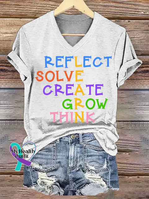Women’s REFLECT SOLVE CREATE GROW THINK Print V-neck Casual T-Shirt White / S