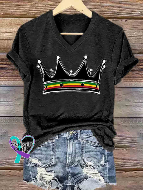Women’s Reggae Crown Art V neck Casual T Shirt Black / S