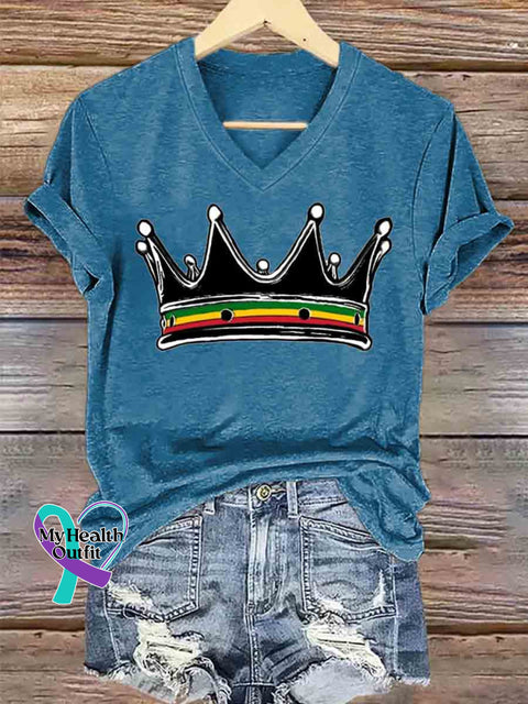 Women’s Reggae Crown Art V neck Casual T Shirt Blue / S