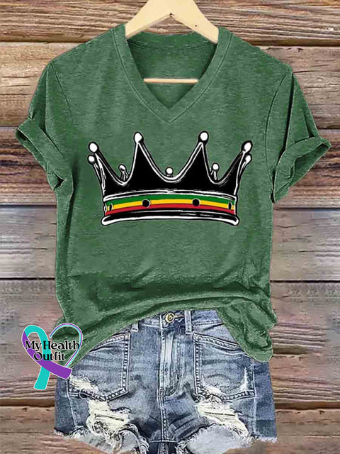 Women’s Reggae Crown Art V neck Casual T Shirt Green / S