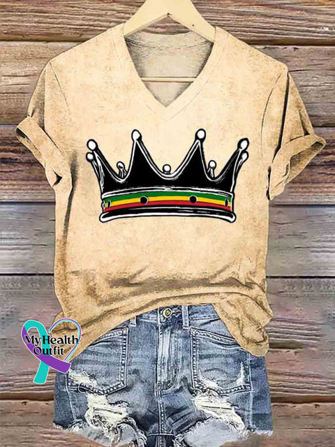 Women’s Reggae Crown Art V neck Casual T Shirt Khaki / S