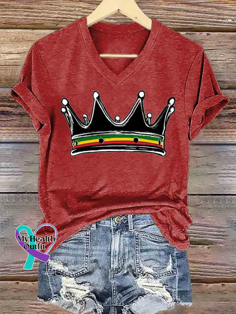 Women’s Reggae Crown Art V neck Casual T Shirt Red / S