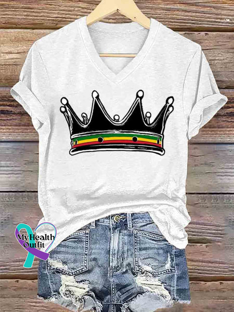 Women’s Reggae Crown Art V neck Casual T Shirt White / S