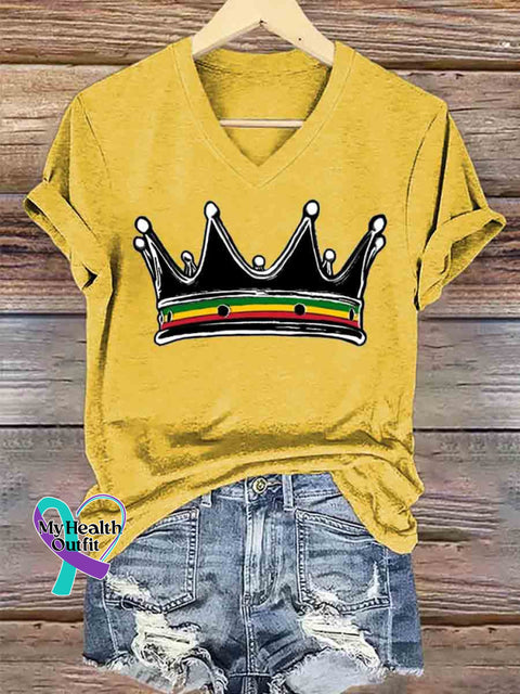 Women’s Reggae Crown Art V neck Casual T Shirt Yellow / S